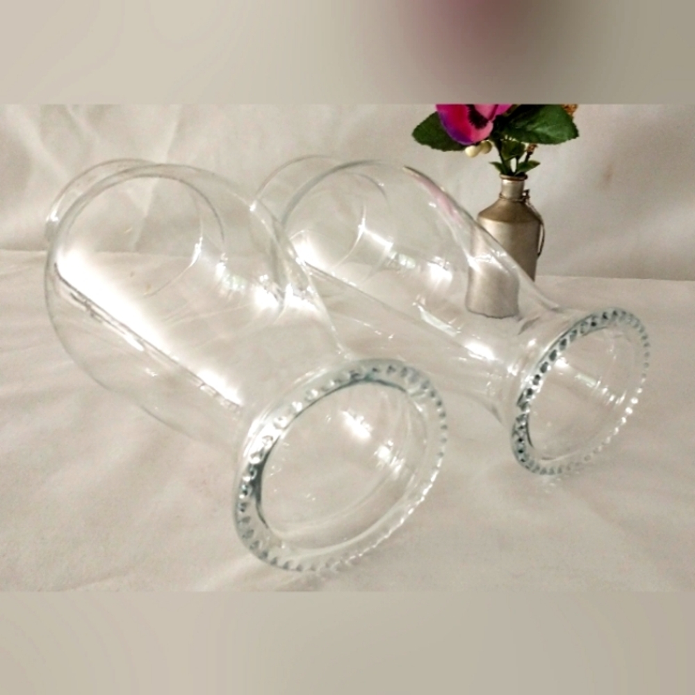 Pair of Vintage Clear Glass Hurricane Lamp Shades - Hobnail Rims